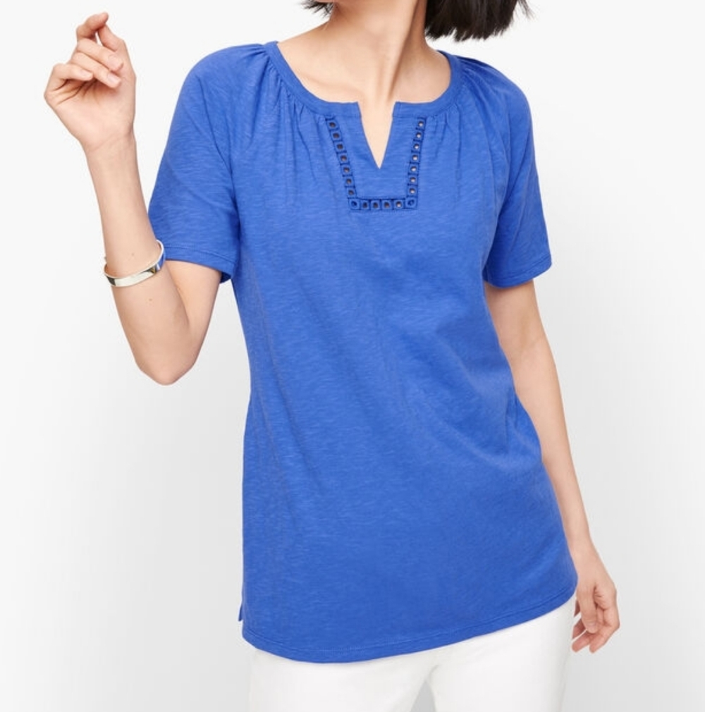 Talbot Plus Blue Cotton Lace Trim Split Neck Tee Short Sleeve T-Shirt Women's 2X